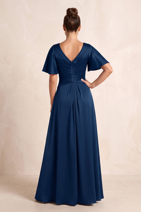 Dark Navy V-Neck A-Line Satin Pleated Mother of the Bride Dress with Sleeves (2) | KISSBRIDAL