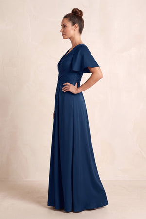 Dark Navy V-Neck A-Line Satin Pleated Mother of the Bride Dress with Sleeves (3) | KISSBRIDAL