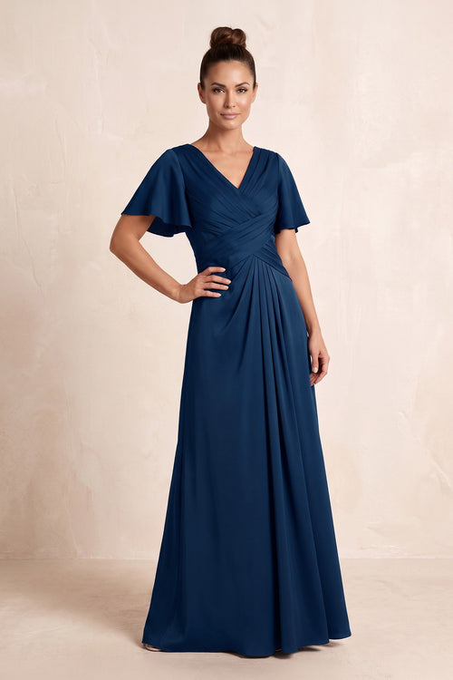 Dark Navy V-Neck A-Line Satin Pleated Mother of the Bride Dress with Sleeves | KISSBRIDAL