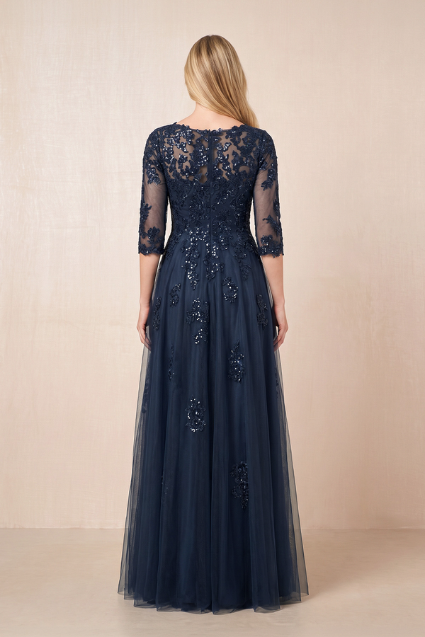 Dark Navy V-Neck Appliqued A-Line Tulle Mother of the Bride Dress with Half Sleeves (2) | KISSBRIDAL