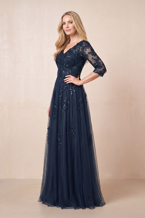 Dark Navy V-Neck Appliqued A-Line Tulle Mother of the Bride Dress with Half Sleeves (3) | KISSBRIDAL