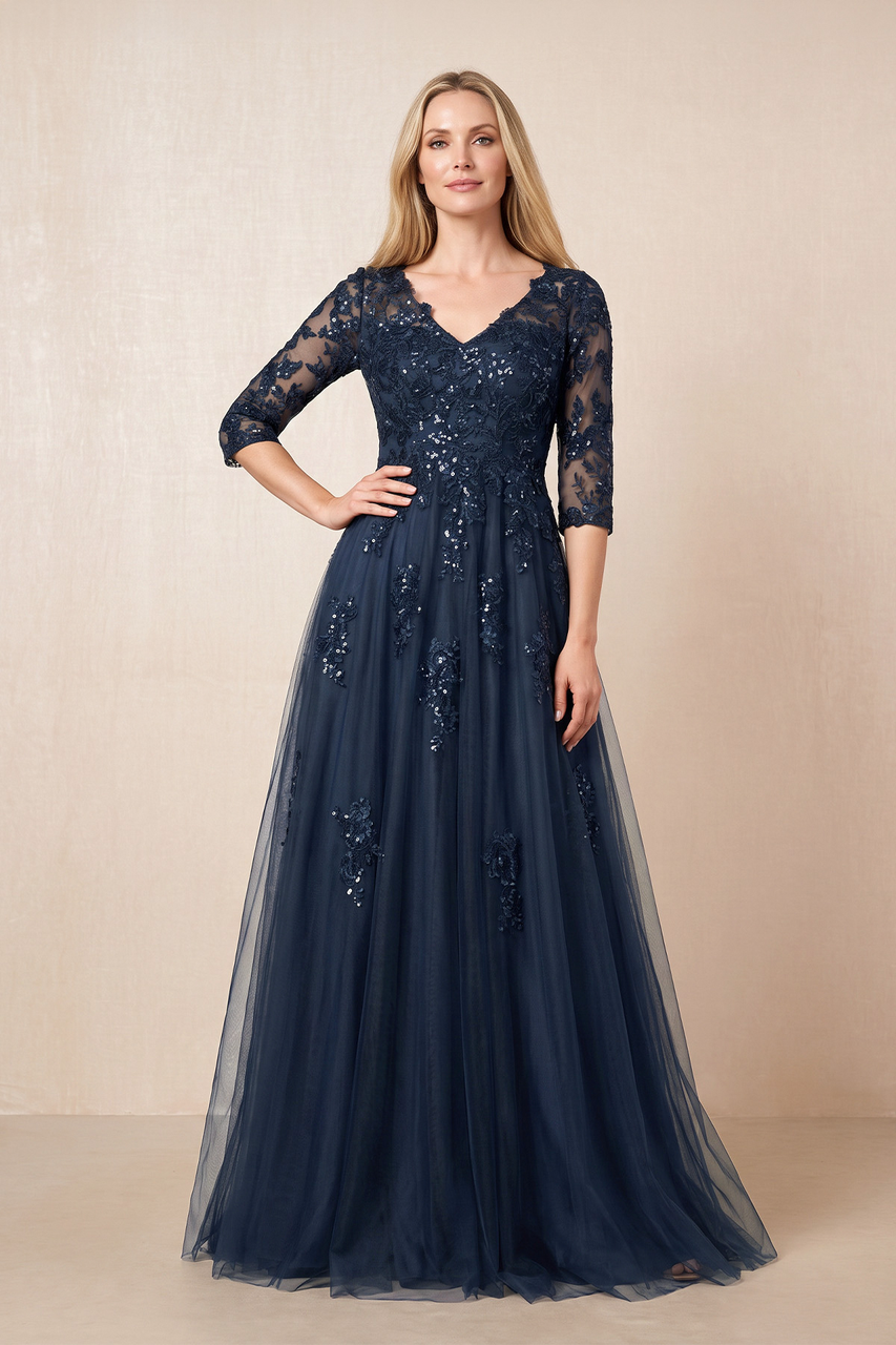 Dark Navy V-Neck Appliqued A-Line Tulle Mother of the Bride Dress with Half Sleeves