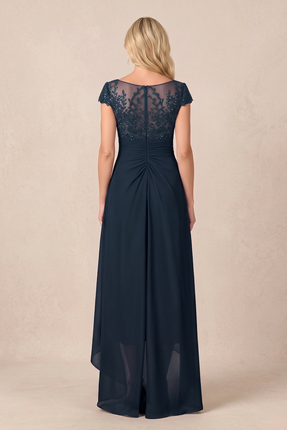 Dark Navy V-Neck Chiffon A-Line Embroidered Ruched Mother of the Bride Dress