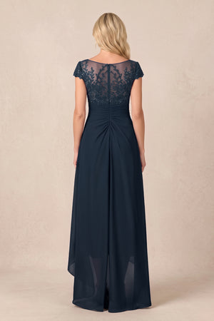 Dark Navy V-Neck Chiffon A-Line Embroidered Ruched Mother of the Bride Dress (2) | KISSBRIDAL