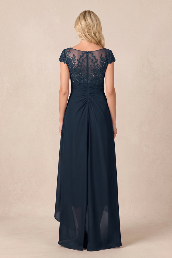 Dark Navy V-Neck Chiffon A-Line Embroidered Ruched Mother of the Bride Dress (2) | KISSBRIDAL