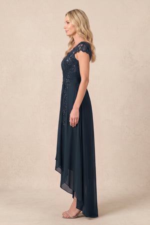 Dark Navy V-Neck Chiffon A-Line Embroidered Ruched Mother of the Bride Dress (3) | KISSBRIDAL