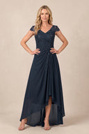 Dark Navy V-Neck Chiffon A-Line Embroidered Ruched Mother of the Bride Dress | KISSBRIDAL