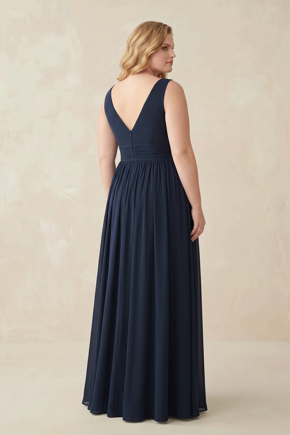 V-Neck Chiffon Pleated A-Line Bridesmaid Dress in Dark Navy