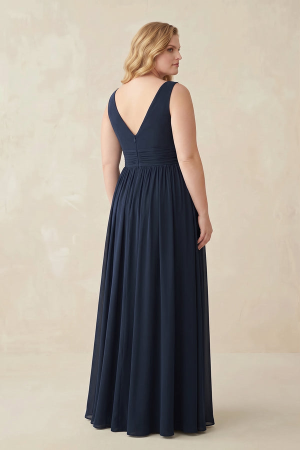 Dark Navy V-Neck Chiffon Pleated A-Line Bridesmaid Dress (2) [sizeplus] | KISSBRIDAL