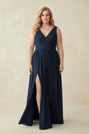 Dark Navy V-Neck Chiffon Pleated A-Line Bridesmaid Dress [sizeplus] | KISSBRIDAL