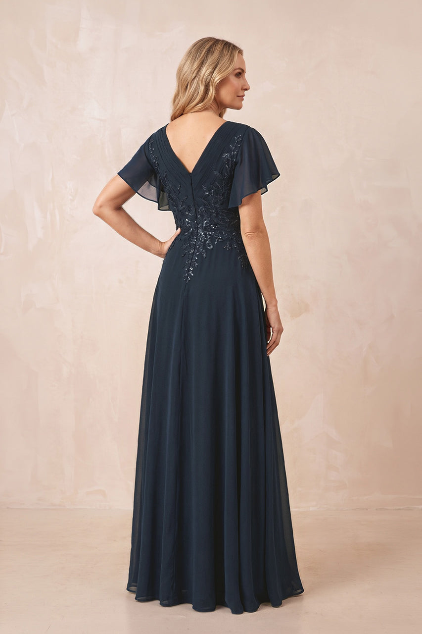 Dark Navy V-Neck Chiffon Ruffled Sleeves A-Line Mother of the Bride Dress