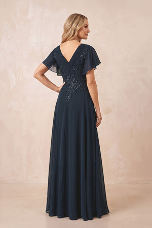 Dark Navy V-Neck Chiffon Ruffled Sleeves A-Line Mother of the Bride Dress (2) | KISSBRIDAL
