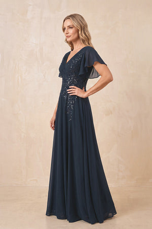 Dark Navy V-Neck Chiffon Ruffled Sleeves A-Line Mother of the Bride Dress (3) | KISSBRIDAL