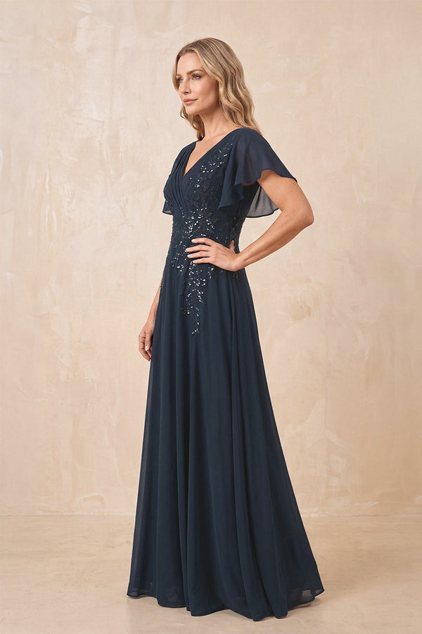 Dark Navy V-Neck Chiffon Ruffled Sleeves A-Line Mother of the Bride Dress (3) | KISSBRIDAL