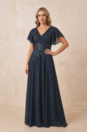 Dark Navy V-Neck Chiffon Ruffled Sleeves A-Line Mother of the Bride Dress | KISSBRIDAL