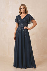 Dark Navy V-Neck Chiffon Ruffled Sleeves A-Line Mother of the Bride Dress | KISSBRIDAL