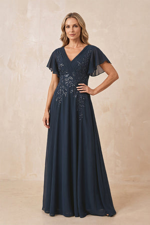 Dark Navy V-Neck Chiffon Ruffled Sleeves A-Line Mother of the Bride Dress | KISSBRIDAL