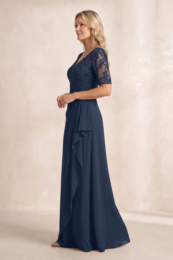 Dark Navy V-Neck Embroidered A-Line Ruched Chiffon Mother of the Bride Dress with Sleeves (2) | KISSBRIDAL