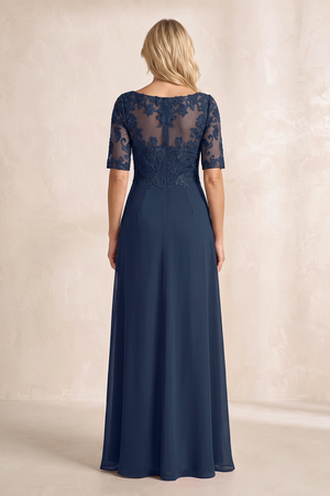 Dark Navy V-Neck Embroidered A-Line Ruched Chiffon Mother of the Bride Dress with Sleeves (3) | KISSBRIDAL