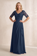 Dark Navy V-Neck Embroidered A-Line Ruched Chiffon Mother of the Bride Dress with Sleeves | KISSBRIDAL