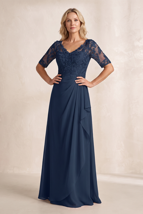 Dark Navy V-Neck Embroidered A-Line Ruched Chiffon Mother of the Bride Dress with Sleeves | KISSBRIDAL