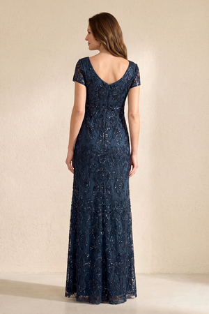 Dark Navy V-Neck Embroidered Sheath Short Sleeves Mother of the Bride Dress (2) | KISSBRIDAL