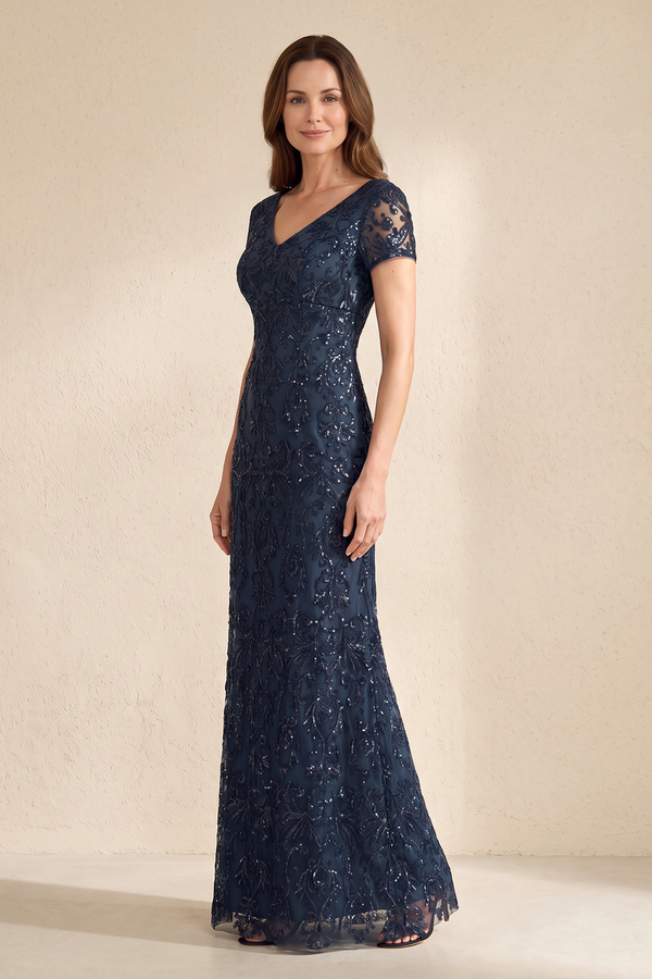 Dark Navy V-Neck Embroidered Sheath Short Sleeves Mother of the Bride Dress (3) | KISSBRIDAL