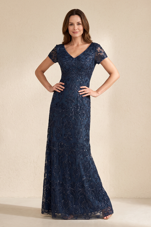 Dark Navy V-Neck Embroidered Sheath Short Sleeves Mother of the Bride Dress | KISSBRIDAL