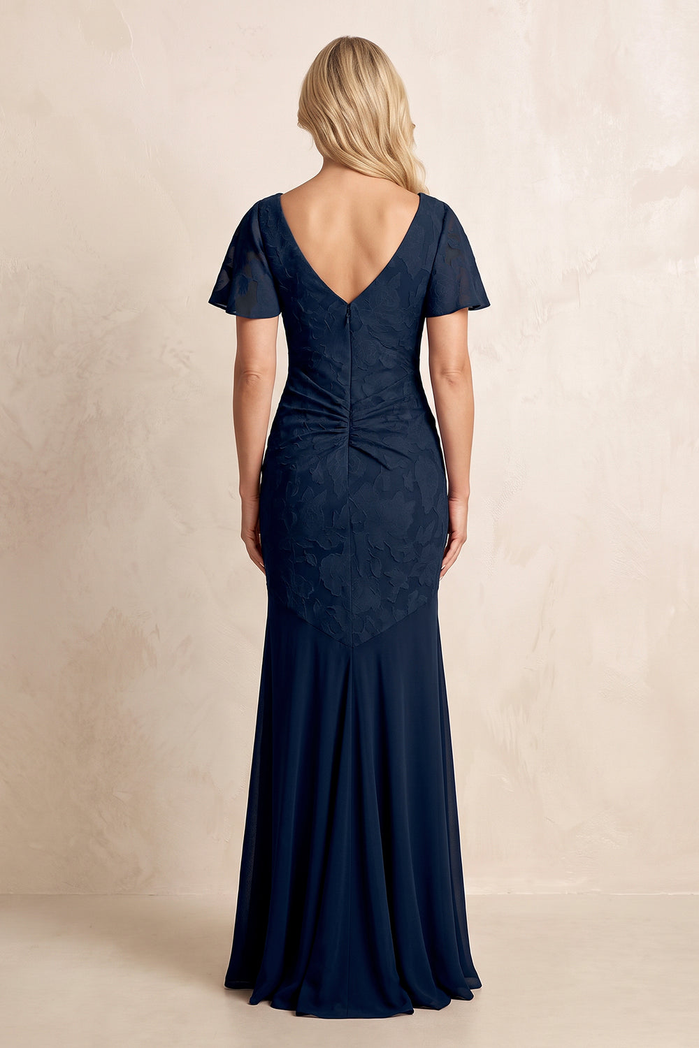 Dark Navy V-Neck Mermaid Jacquard Mother of the Bride Dress with Ruffled Sleeves