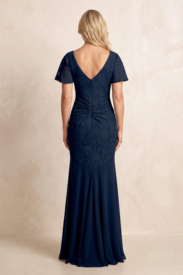 Dark Navy V-Neck Mermaid Jacquard Mother of the Bride Dress with Ruffled Sleeves (2) | KISSBRIDAL