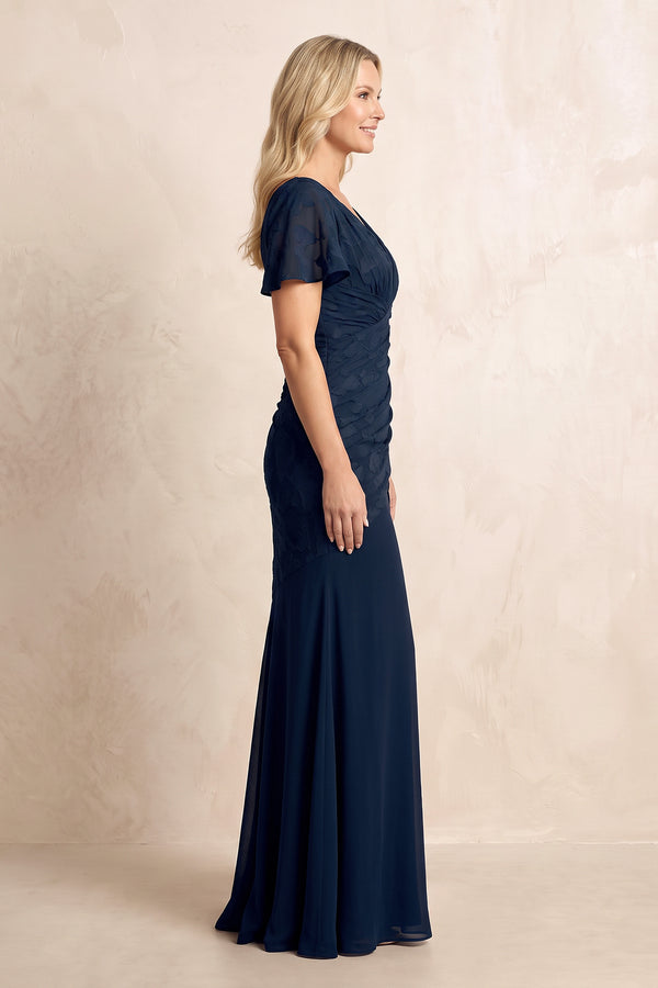 Dark Navy V-Neck Mermaid Jacquard Mother of the Bride Dress with Ruffled Sleeves (3) | KISSBRIDAL