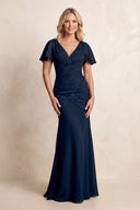 Dark Navy V-Neck Mermaid Jacquard Mother of the Bride Dress with Ruffled Sleeves | KISSBRIDAL