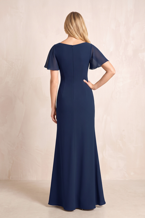 Dark Navy V-Neck Sheath Chiffon Ruffled Short Sleeves Mother of the Bride Dress with Slit (2) | KISSBRIDAL