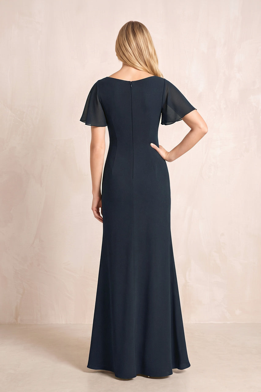 Dark Navy V-Neck Sheath Chiffon Ruffled Short Sleeves Mother of the Bride Dress with Slit