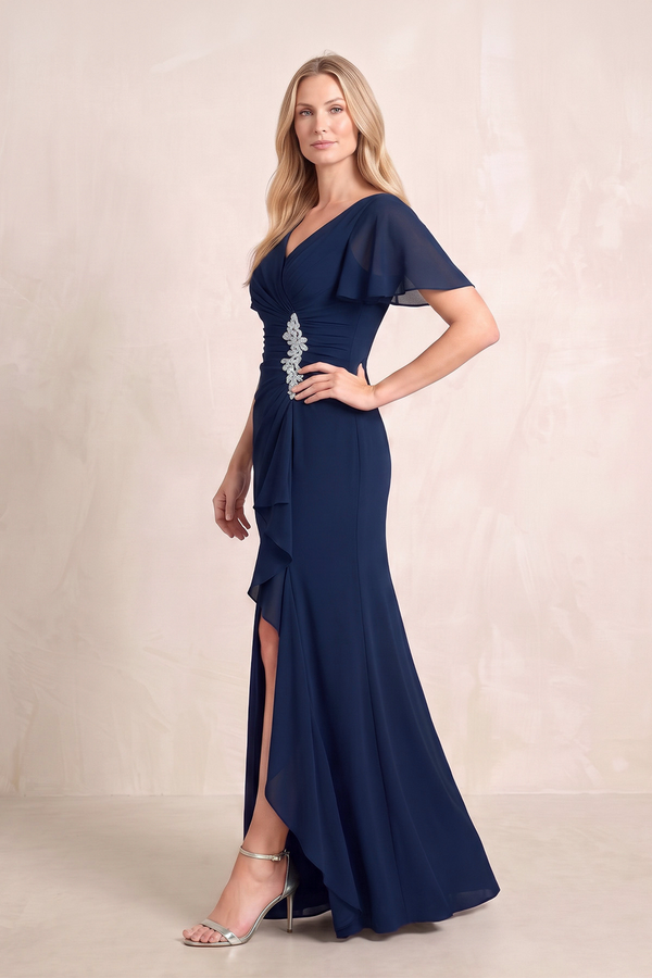Dark Navy V-Neck Sheath Chiffon Ruffled Short Sleeves Mother of the Bride Dress with Slit (3) | KISSBRIDAL