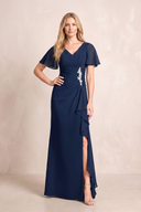 Dark Navy V-Neck Sheath Chiffon Ruffled Short Sleeves Mother of the Bride Dress with Slit | KISSBRIDAL