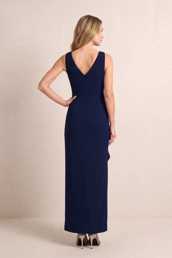 Dark Navy V-Neck Sheath Linen Mother of the Bride Dress With Slit (2) | KISSBRIDAL