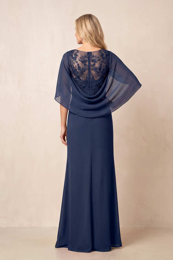 Dark Navy V-Neck Sheath Ruched Chiffon Appliqued Cape Sleeves Mother of the Bride Dress (2) | KISSBRIDAL