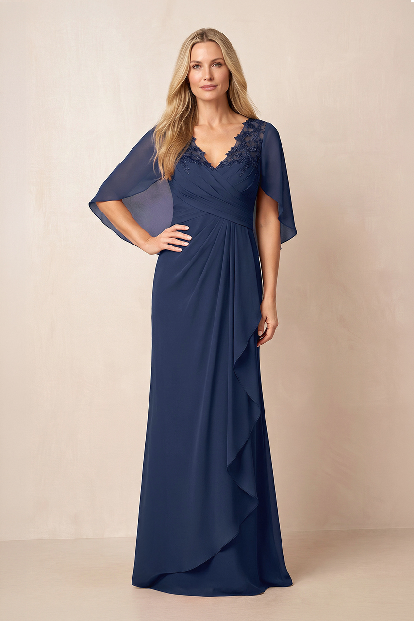 Dark Navy V-Neck Sheath Ruched Chiffon Appliqued Cape Sleeves Mother of the Bride Dress