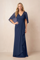 Dark Navy V-Neck Sheath Ruched Chiffon Appliqued Cape Sleeves Mother of the Bride Dress | KISSBRIDAL