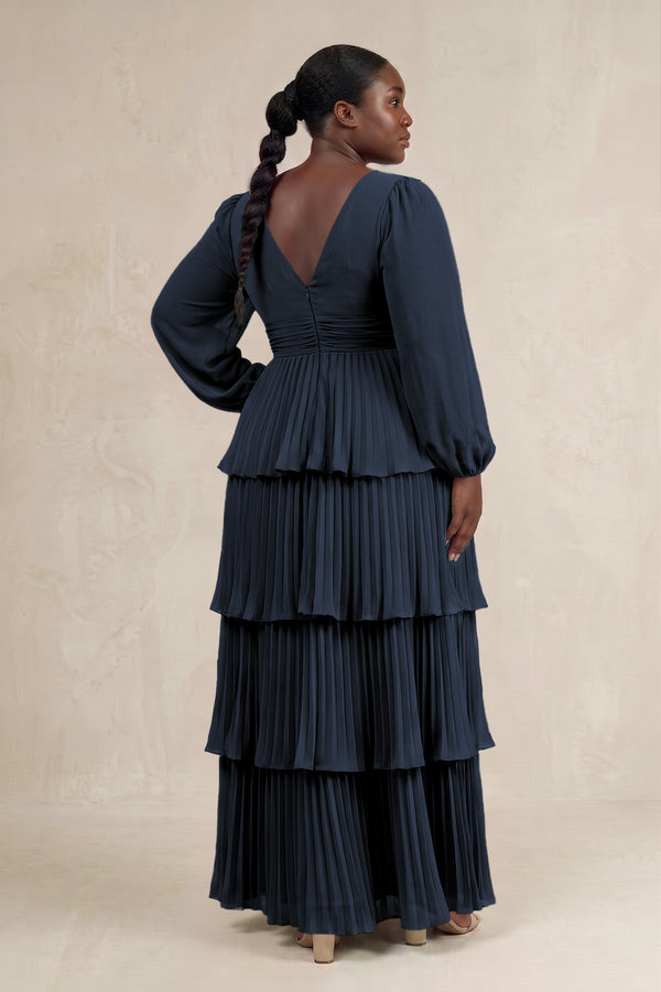 Dark Navy V-Neck Tiered A-Line Long Sleeve Bridesmaid Dress (2) [sizeplus] | KISSBRIDAL