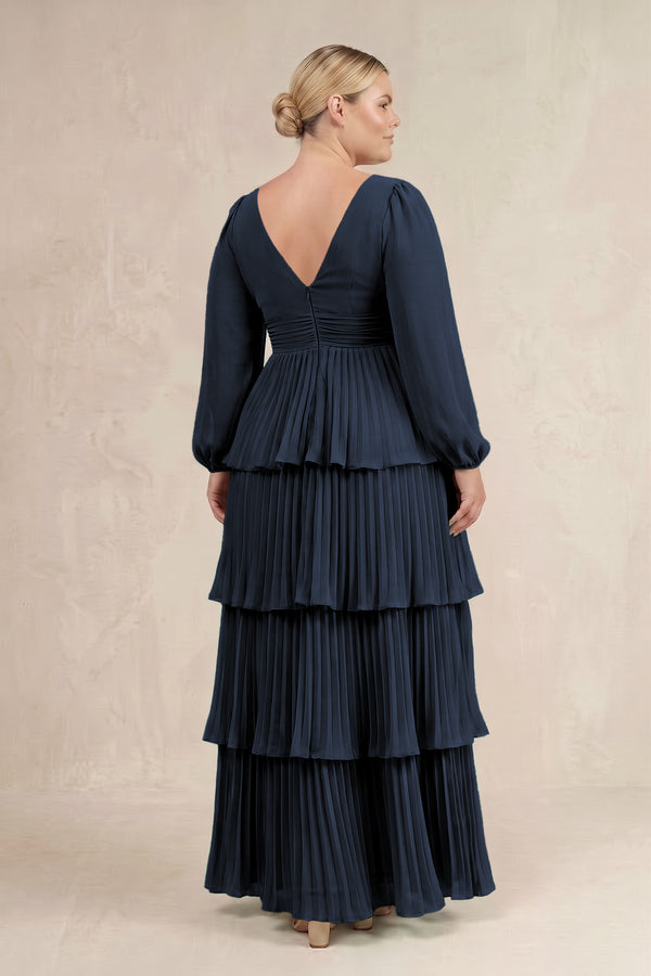 Dark Navy V-Neck Tiered A-Line Long Sleeve Bridesmaid Dress (4) [sizeplus] | KISSBRIDAL