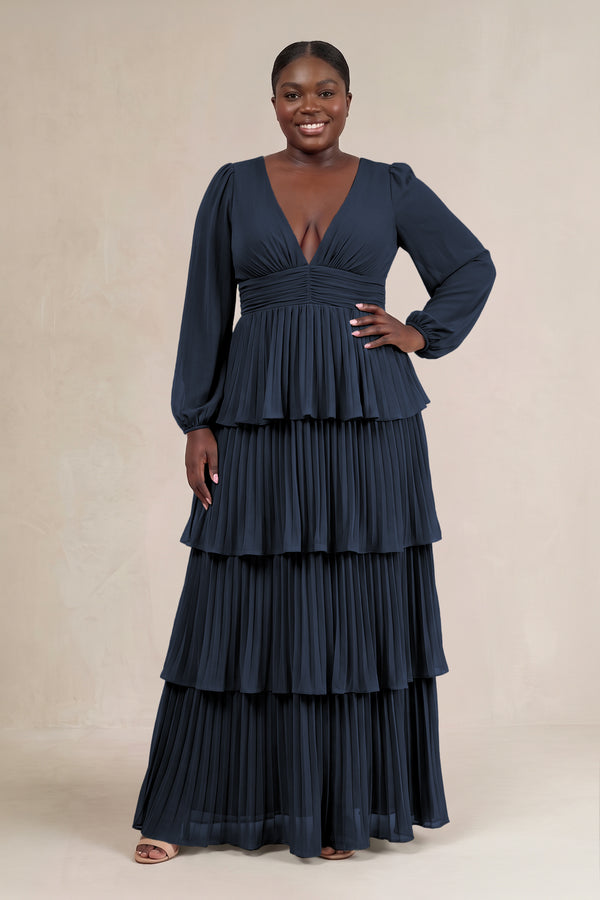 Dark Navy V-Neck Tiered A-Line Long Sleeve Bridesmaid Dress [sizeplus] | KISSBRIDAL