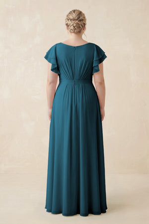 Dark Teal Cap Sleeve Ruffled A-Line Chiffon Bridesmaid Dress (2) | KISSBRIDAL