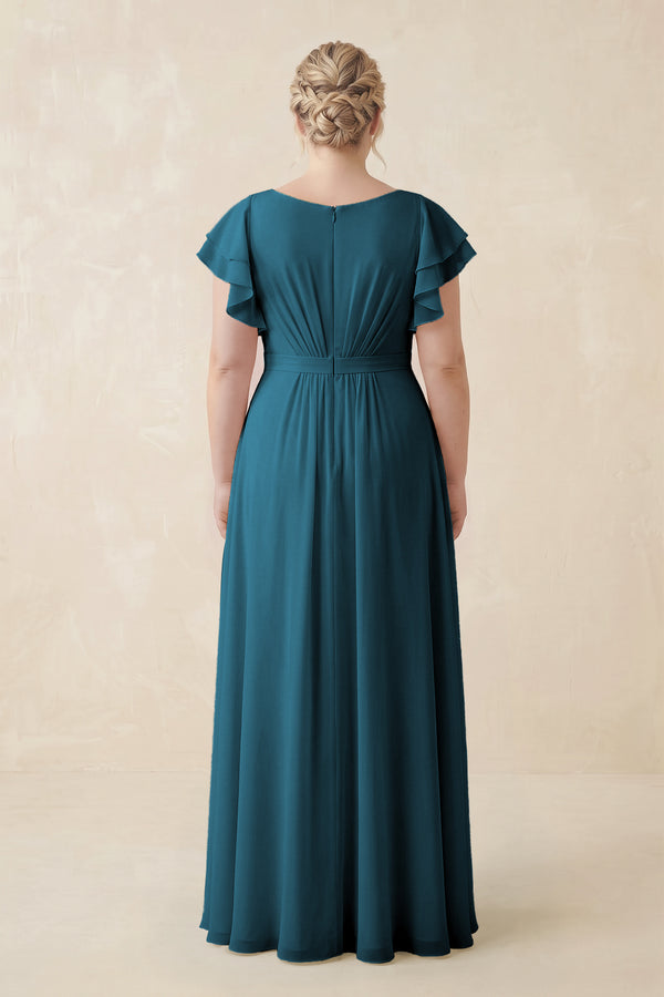 Dark Teal Cap Sleeve Ruffled A-Line Chiffon Bridesmaid Dress (2) | KISSBRIDAL