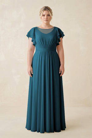 Dark Teal Cap Sleeve Ruffled A-Line Chiffon Bridesmaid Dress | KISSBRIDAL