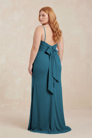 Dark Teal Cowl Neck Sheath Chiffon Bridesmaid Dress with Corset (2)  [sizeplus]  | KISSBRIDAL