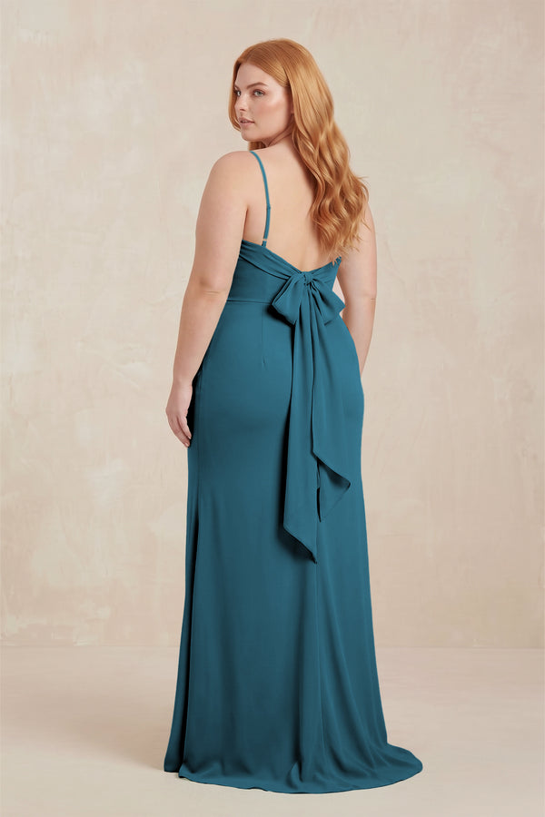 Dark Teal Cowl Neck Sheath Chiffon Bridesmaid Dress with Corset (2)  [sizeplus]  | KISSBRIDAL