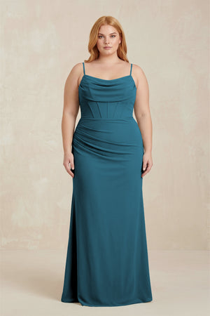 Dark Teal Cowl Neck Sheath Chiffon Bridesmaid Dress with Corset [sizeplus]   | KISSBRIDAL