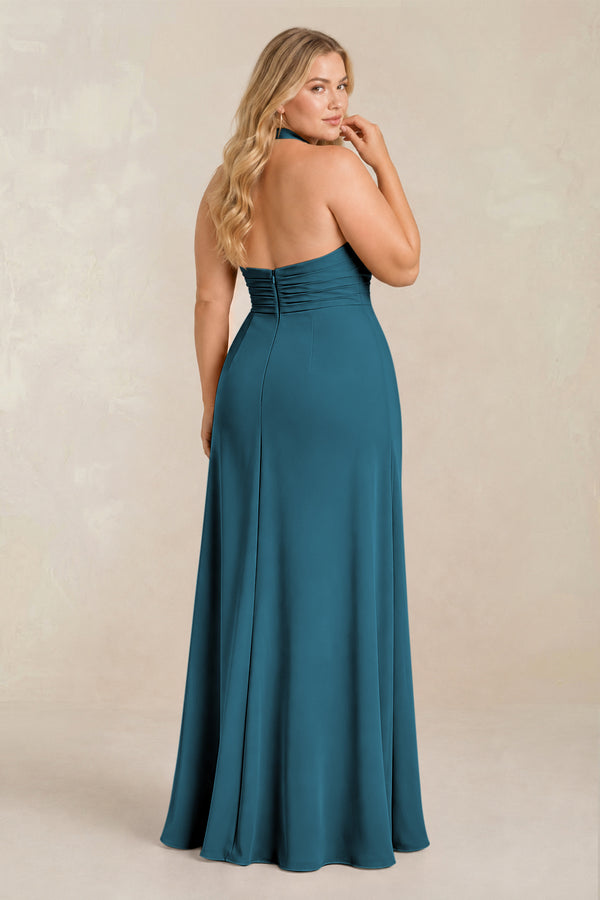 Dark Teal High Neck Chiffon Sheath Ruched Bridesmaid Dress (2) [sizeplus] | KISSBRIDAL